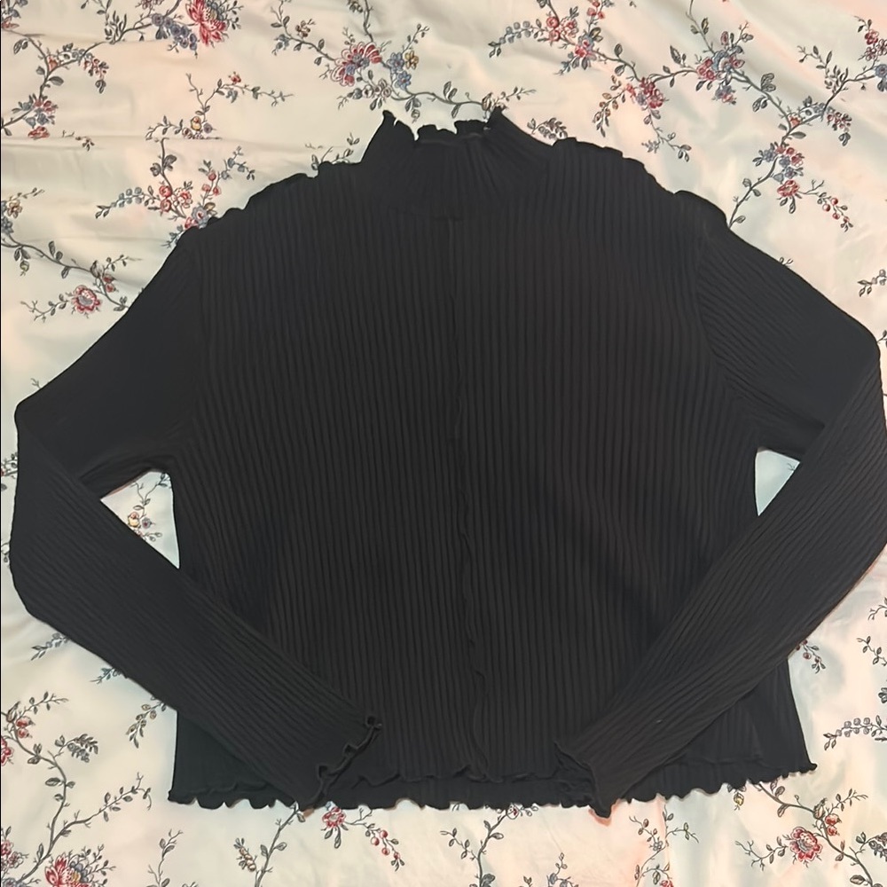 Mango Black Ribbed Ruffled Blouse with Mandarin Collar